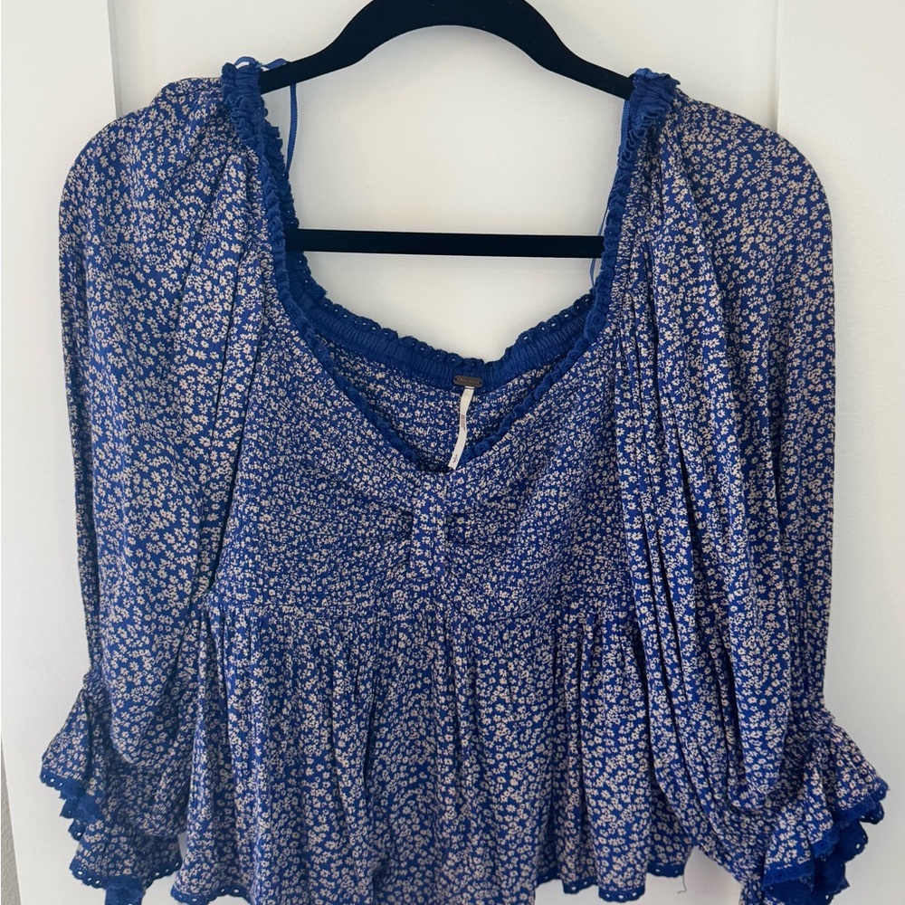 Free People Floral Blue Top